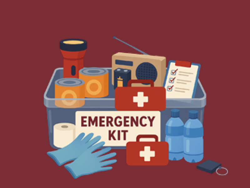 Emergency kit in clear plastic crate containing water, food, torch, first aid kit and radio